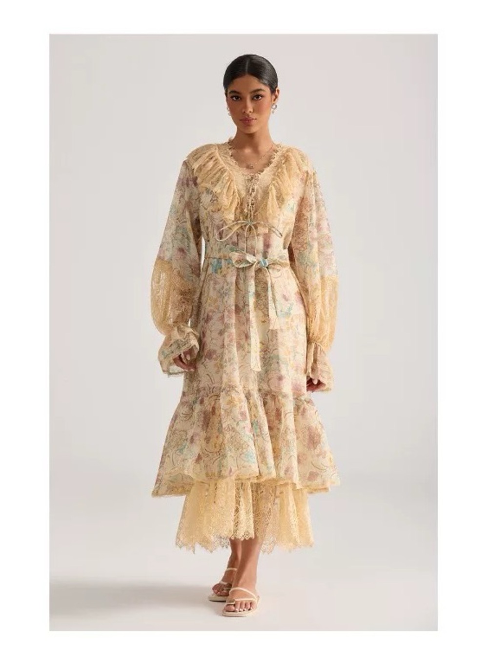 Designer-style Floral Lace Midi Dress in Pastel Brown and Cream
